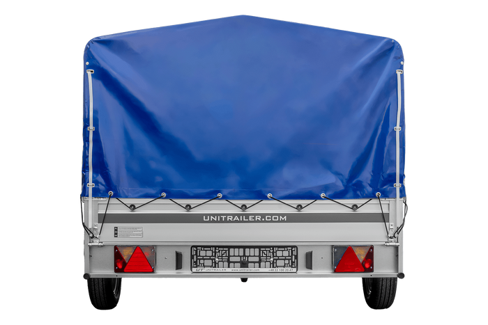 Przyczepka jednoosiowa z burtami aluminiowymi 264x150 Unitrailer Garden 265 KIPP ALU ze stelażem H-800 i pokrowcem niebieskim