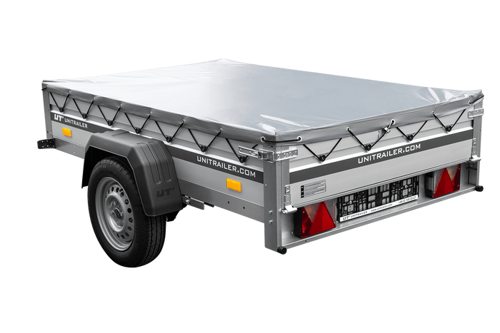 Przyczepka jednoosiowa na resorach z burtami aluminiowymi 200x125 Unitrailer Garden 201/R KIPP ALU ze stelażem H-0 i pokrowcem szarym