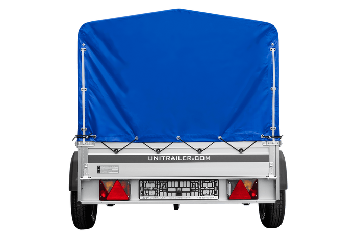 Przyczepka samochodowa na resorach z burtami aluminiowymi 200x125 Unitrailer Garden 201/R KIPP ALU ze stelażem H-800 i pokrowcem niebieskim