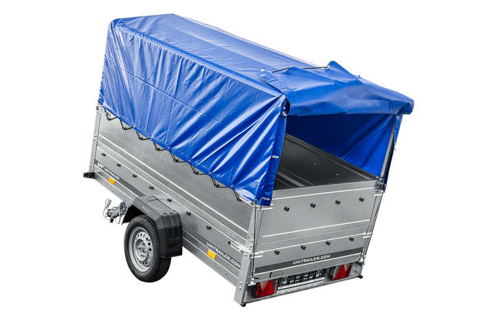 Przyczepka lekka 230x125 UNITRAILER GARDEN 230 KIPP z burtami BIS, stelażem H-800 i pokrowcem niebieskim