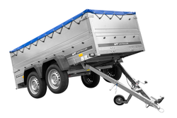 Przyczepka dwuosiowa 264x125 UNITRAILER GARDEN 264/2 KIPP z burtami BIS, stelażem H-0 i pokrowcem niebieskim