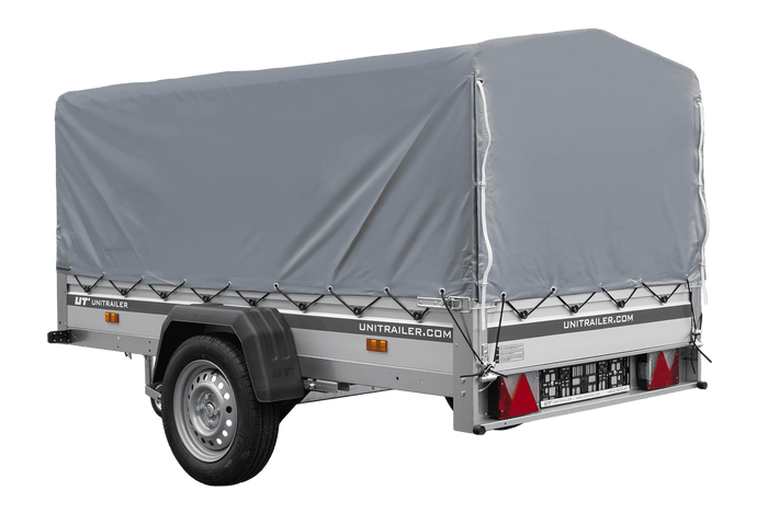Przyczepka jednoosiowa na resorach z burtami aluminiowymi 230x125 Unitrailer Garden 230/R KIPP ALU ze stelażem H-800 i pokrowcem szarym