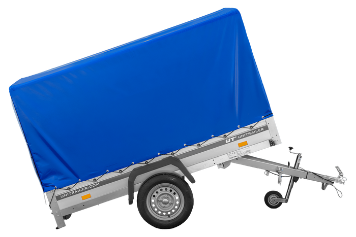 Przyczepka samochodowa z burtami aluminiowymi 230x125 Unitrailer Garden 230 KIPP ALU ze stelażem H1100 i pokrowcem niebieskim