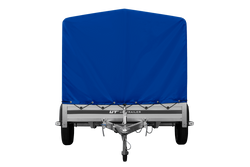 Przyczepka samochodowa z burtami aluminiowymi 264x150 Unitrailer Garden 265 KIPP ALU ze stelażem H-1100 i pokrowcem niebieskim