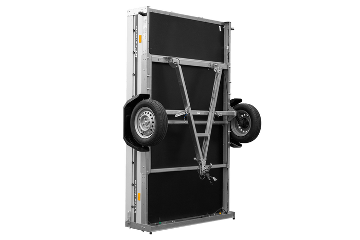 Przyczepka samochodowa z burtami aluminiowymi 264x150 Unitrailer Garden 265 KIPP ALU ze stelażem H-1100 i pokrowcem niebieskim