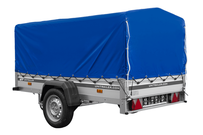 Przyczepka jednoosiowa na resorach z burtami aluminiowymi 230x125 Unitrailer Garden 230/R KIPP ALU ze stelażem H-800 i pokrowcem niebieskim