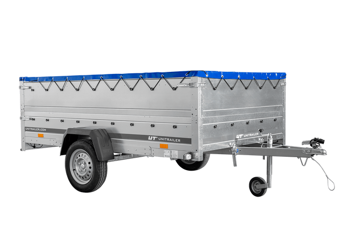 Przyczepka samochodowa na resorach 264x150 UNITRAILER GARDEN 265/R KIPP z burtami BIS, stelażem H-0 i pokrowcem niebieskim