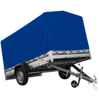 Przyczepka samochodowa z burtami aluminiowymi 264x150 Unitrailer Garden 265 KIPP ALU ze stelażem H-1100 i pokrowcem niebieskim