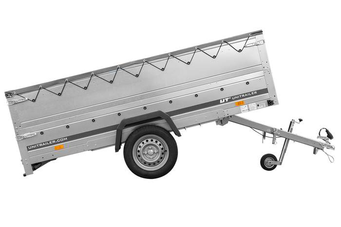 Przyczepka jednoosiowa na resorach 264x125 UNITRAILER GARDEN 264/R KIPP z burtami BIS, stelażem H-0 i plandeką szarą