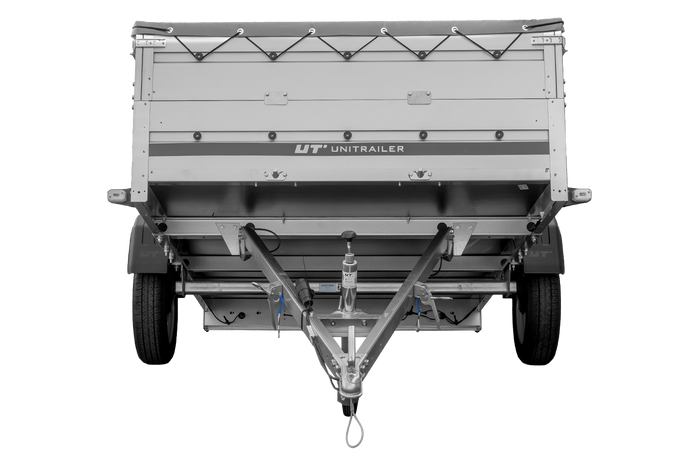 Przyczepka jednoosiowa z burtami aluminiowymi 264x150 Unitrailer Garden 265 KIPP ALU z burtami BIS, stelażem H-0 i pokrowcem szarym