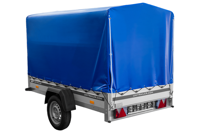 Przyczepka samochodowa z burtami aluminiowymi 230x125 Unitrailer Garden 230 KIPP ALU ze stelażem H1100 i pokrowcem niebieskim
