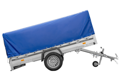 Przyczepka jednoosiowa z burtami aluminiowymi 264x150 Unitrailer Garden 265 KIPP ALU ze stelażem H-800 i pokrowcem niebieskim