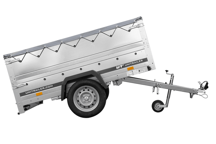 Przyczepka lekka na resorach 200x125 UNITRAILER GARDEN 201/R KIPP z burtami BIS, stelażem H-0 i plandeką szarą