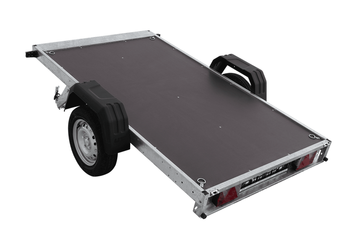 Przyczepka jednoosiowa 230x125 UNITRAILER FORCE 230 KIPP z burtami siatkowymi, stelażem H-800 i pokrowcem szarym