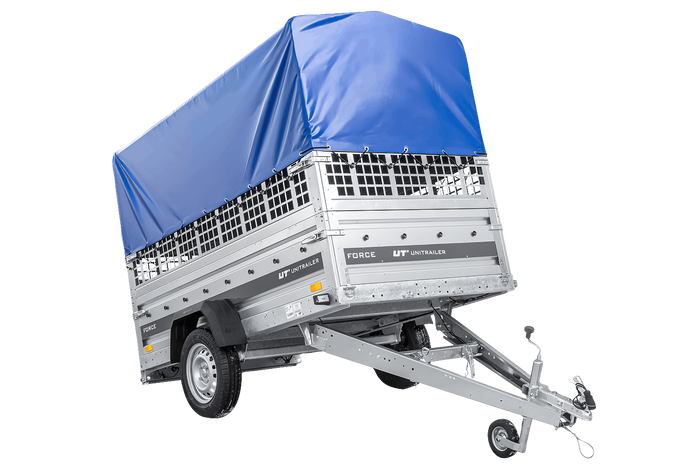 Przyczepka jednoosiowa 230x125 UNITRAILER FORCE 230 KIPP z burtami siatkowymi, stelażem H-0 i pokrowcem niebieskim