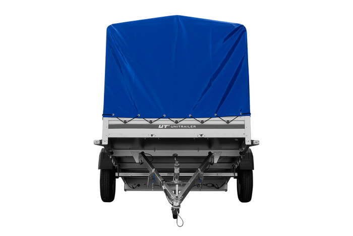 Przyczepka samochodowa z burtami aluminiowymi 264x150 Unitrailer Garden 265 KIPP ALU ze stelażem H-1100 i pokrowcem niebieskim