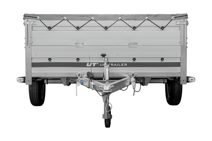 Przyczepka jednoosiowa z burtami aluminiowymi 264x150 Unitrailer Garden 265 KIPP ALU z burtami BIS, stelażem H-0 i pokrowcem szarym