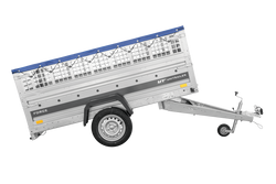Przyczepka jednoosiowa 230x125 UNITRAILER FORCE 230 KIPP z burtami siatkowymi, stelażem H-0 i pokrowcem niebieskim