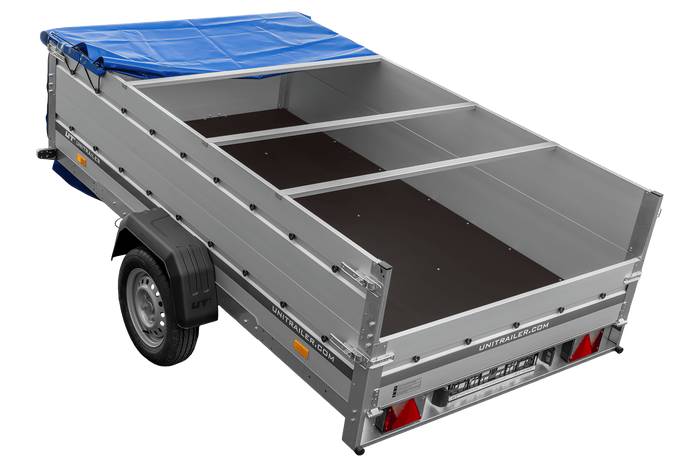 Przyczepka jednoosiowa z burtami aluminiowymi 264x150 Unitrailer Garden 265 KIPP ALU z burtami BIS, stelażem H-0 i pokrowcem niebieskim