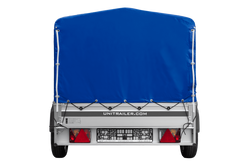 Przyczepka jednoosiowa na resorach z burtami aluminiowymi 230x125 Unitrailer Garden 230/R KIPP ALU ze stelażem H-800 i pokrowcem niebieskim