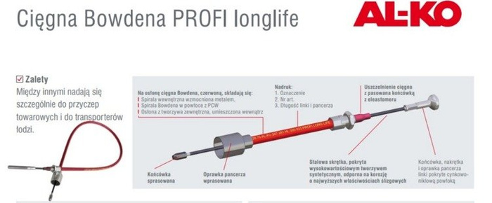 Linka hamulcowa cięgno Bowdena AL-KO 247289 szybki montaż 1620/1816mm
