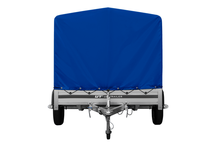 Przyczepka samochodowa z burtami aluminiowymi 264x150 Unitrailer Garden 265 KIPP ALU ze stelażem H-1100 i pokrowcem niebieskim