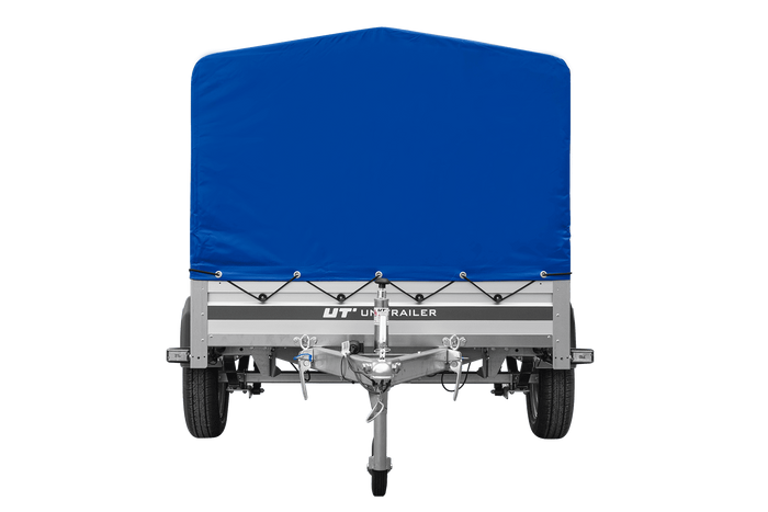 Przyczepka jednoosiowa na resorach z burtami aluminiowymi 230x125 Unitrailer Garden 230/R KIPP ALU ze stelażem H-800 i pokrowcem niebieskim