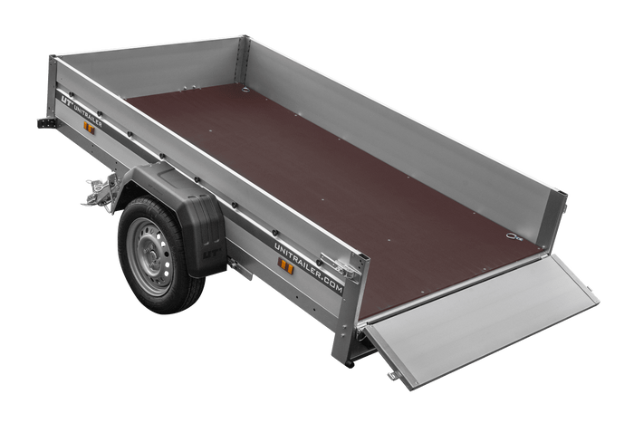Przyczepka samochodowa na resorach z burtami aluminiowymi 230x125 Unitrailer Garden 230/R KIPP ALU