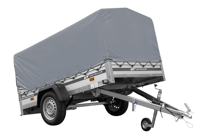 Przyczepka jednoosiowa na resorach z burtami aluminiowymi 230x125 Unitrailer Garden 230/R KIPP ALU ze stelażem H-800 i pokrowcem szarym