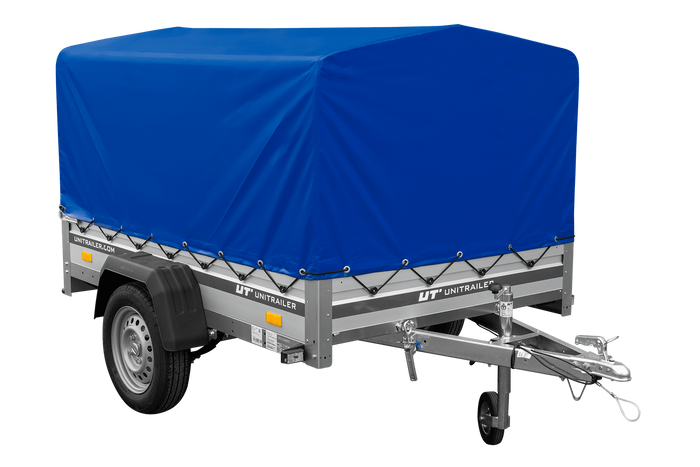 Przyczepka samochodowa na resorach z burtami aluminiowymi 200x125 Unitrailer Garden 201/R KIPP ALU ze stelażem H-800 i pokrowcem niebieskim