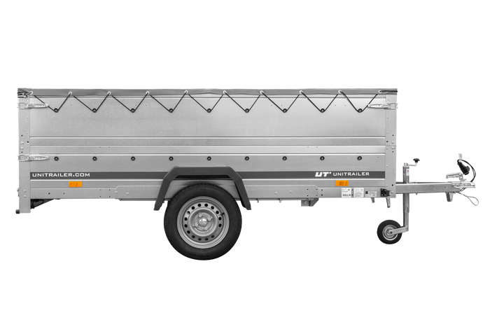 Przyczepka jednoosiowa na resorach 264x125 UNITRAILER GARDEN 264/R KIPP z burtami BIS, stelażem H-0 i plandeką szarą