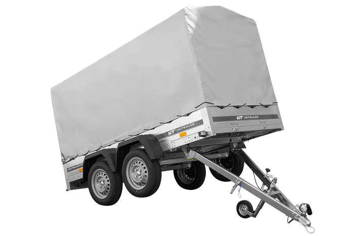 Przyczepka dwuosiowa 264x125 UNITRAILER GARDEN 264/2 KIPP ze stelażem H-1100 i plandeką szarą