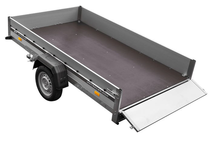 Przyczepka jednoosiowa z burtami aluminiowymi 264x150 Unitrailer Garden 265 KIPP ALU z burtami BIS, stelażem H-0 i pokrowcem niebieskim