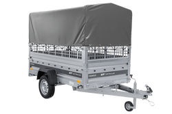 Przyczepka jednoosiowa 230x125 UNITRAILER FORCE 230 KIPP z burtami siatkowymi, stelażem H-800 i pokrowcem szarym