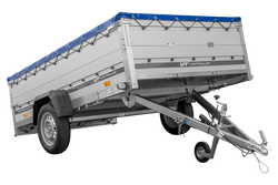 Przyczepka jednoosiowa z burtami aluminiowymi 264x150 Unitrailer Garden 265 KIPP ALU z burtami BIS, stelażem H-0 i pokrowcem niebieskim
