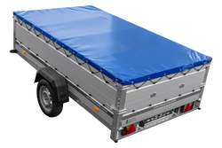Przyczepka jednoosiowa z burtami aluminiowymi 264x150 Unitrailer Garden 265 KIPP ALU z burtami BIS, stelażem H-0 i pokrowcem niebieskim