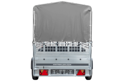 Przyczepka samochodowa na resorach 230x125 UNITRAILER GARDEN 230/R KIPP z burtami siatkowymi, stelażem H-800 i pokrowcem szarym