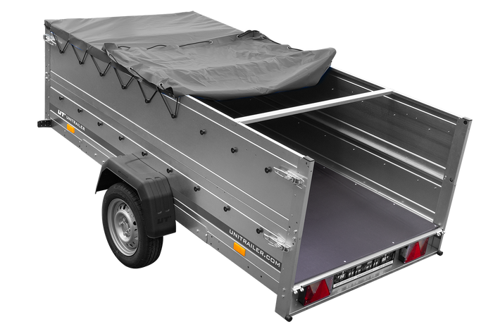 Przyczepka jednoosiowa na resorach 264x125 UNITRAILER GARDEN 264/R KIPP z burtami BIS, stelażem H-0 i plandeką szarą