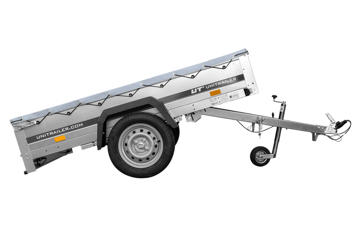 Przyczepka samochodowa na resorach 200x125 UNITRAILER GARDEN 201/R KIPP ze stelażem H-0 i pokrowcem szarym