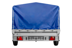 Przyczepka jednoosiowa z burtami aluminiowymi 264x150 Unitrailer Garden 265 KIPP ALU ze stelażem H-800 i pokrowcem niebieskim