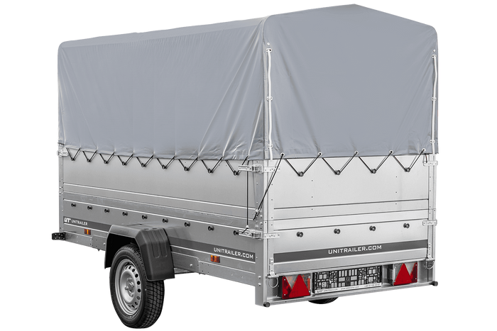 Przyczepka lekka na resorach 264x125 UNITRAILER GARDEN 264/R KIPP z burtami BIS, stelażem H-800 i pokrowcem szarym
