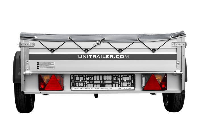 Przyczepka jednoosiowa na resorach z burtami aluminiowymi 200x125 Unitrailer Garden 201/R KIPP ALU ze stelażem H-0 i pokrowcem szarym