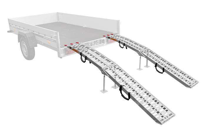 Najazdy składane UNITRAILER ALR003 rampy najazdowe aluminiowe do przyczepy lawety 221cm 680kg z pasem i podpórką komplet 2szt