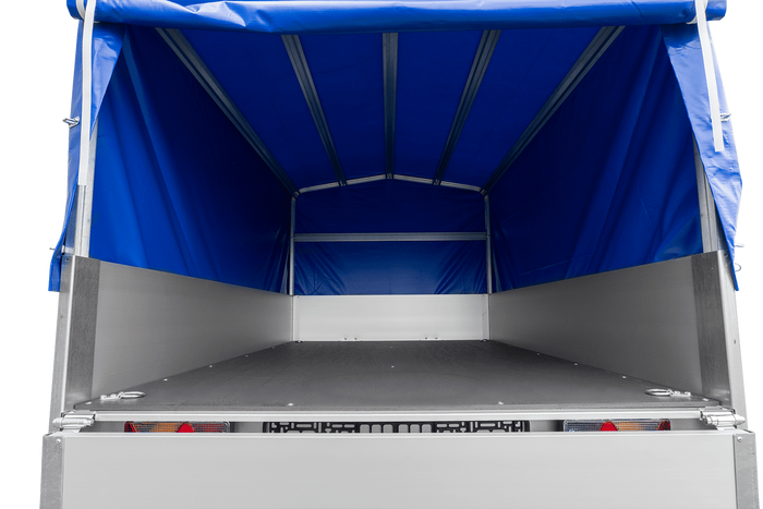 Przyczepka samochodowa na resorach z burtami aluminiowymi 200x125 Unitrailer Garden 201/R KIPP ALU ze stelażem H-800 i pokrowcem niebieskim