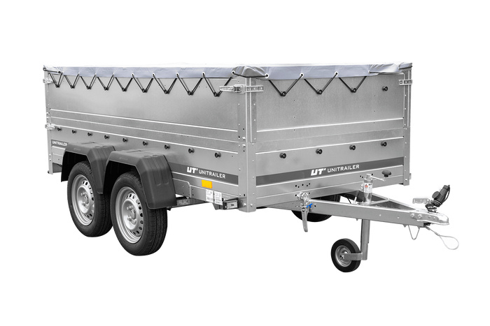 Przyczepka dwuosiowa 264x125 UNITRAILER GARDEN 264/2 KIPP z burtami BIS, stelażem H-0 i pokrowcem szarym